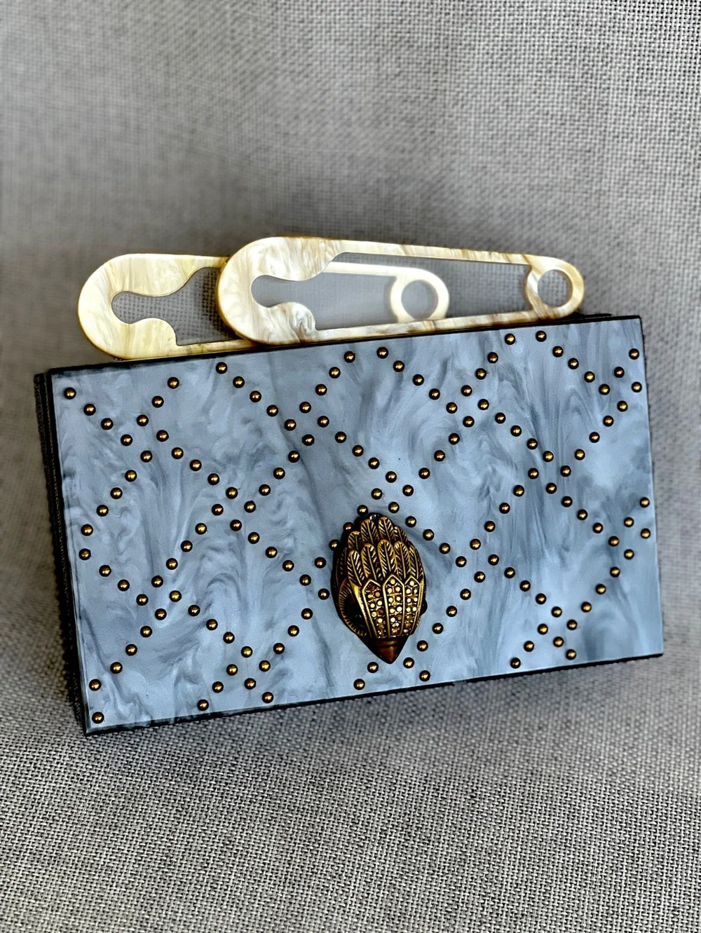 Kurt Geiger Kensington safety pin box clutch on chain gray mother of pearl NWT